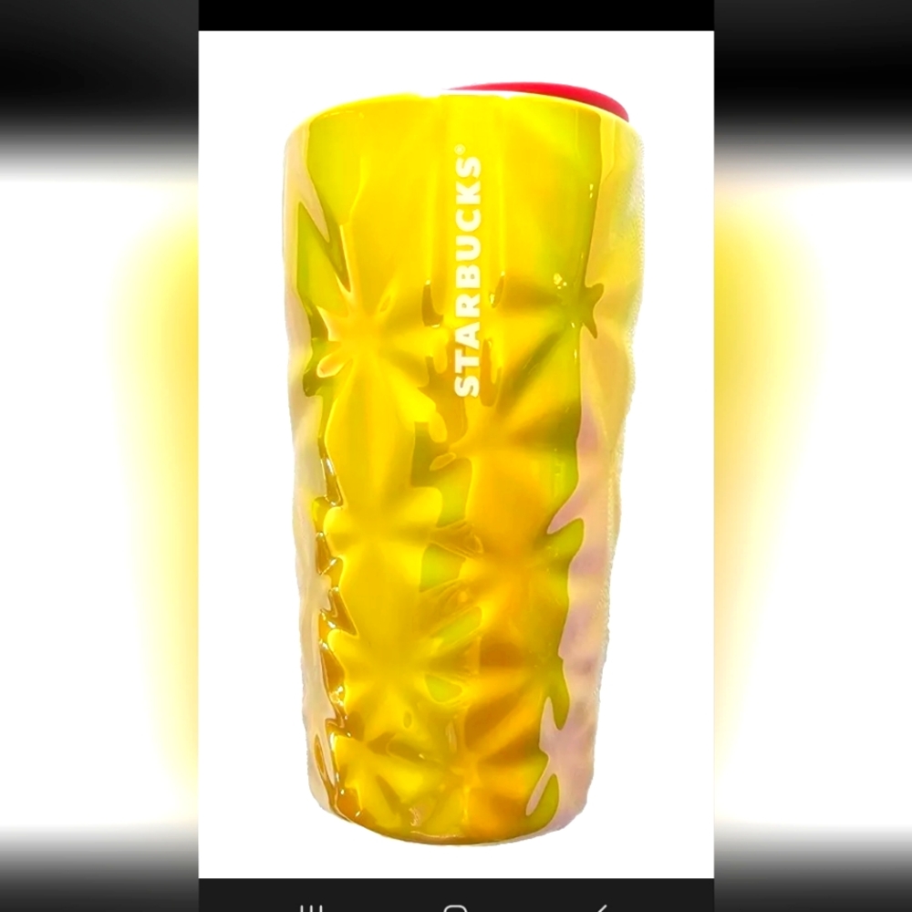 New, Starbucks 2024 Mothers Day Iridesent Prism Yellow Ceramic 12 oz w/pink Lid